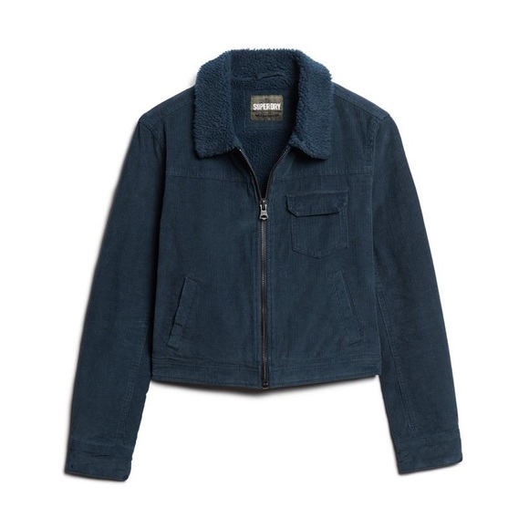 SuperDry - Cropped Sherpa Lined Cord Jacket in Navy - Picture 2 of 5